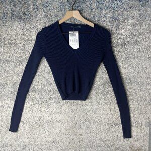 Brandy Melville Sweater Womens One Size Navy Blue Ribbed V Neck Wool Italy Knit